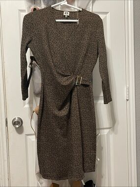 Elegant Brown Textured Belted Women’s Dress